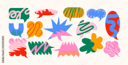 Speech bubble shapes in retro cartoon style. Abstract silhouettes: comic clouds, messages, leaves, graphic elements. Funky sticker collection for text highlight. Illustration in doodle, trend