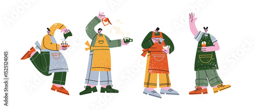 Сartoon barista characters in retro 90s style. Men workers with cups preparing coffee. espresso, cappuccino, latte. Workers, coffee shop staff, coffee maker. Flat mascot illustration