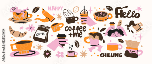 Coffee stickers and barista characters.Coffee makers, kettles, brewing, arabica coffee, glass,espresso,cappuccino, beans.Graphic doodle minimalist retro icons.Coffee shop patches