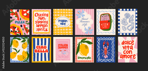 Abstract Italian posters in 90s style. Bright compositions: pizza, lemons, cocktails, seafood in cartoon trendy retro style. Decor for kitchens, cafes and restaurants. Minimalist banners for wall