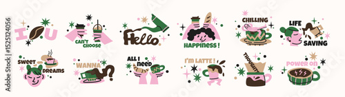 Coffee stickers set. Quotes and cute characters in retro cartoon style. Phrases about coffee:all I need is coffee, life saving. Fun barista set with mugs and faces. Illustration in funky, doodle style