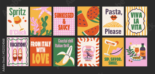Abstract Italian posters in 90s style. Bright compositions: pizza, lemons, cocktails, seafood in cartoon trendy retro style. Decor for kitchens, cafes and restaurants. Minimalist banners for wall