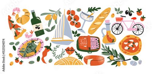 Italian food and culture stickers set in retro cartoon style. Food and drink: pizza, pasta, wine, tomato. Illustration in funky, doodle style, trendy labels set.