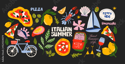 Italian food and culture stickers set in retro cartoon style. Food and drink: pizza, pasta, wine, tomato. Illustration in funky, doodle style, trendy labels set.