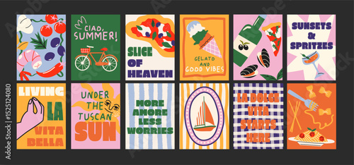 Abstract Italian posters in 90s style. Bright compositions: pizza, lemons, cocktails, seafood in cartoon trendy retro style. Decor for kitchens, cafes and restaurants. Minimalist banners for wall