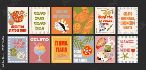 Abstract Italian posters in 90s style. Bright compositions: pizza, lemons, cocktails, seafood in cartoon trendy retro style. Decor for kitchens, cafes and restaurants. Minimalist banners for wall