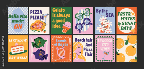 Abstract Italian posters in 90s style. Bright compositions: pizza, lemons, cocktails, seafood in cartoon trendy retro style. Decor for kitchens, cafes and restaurants. Minimalist banners for wall