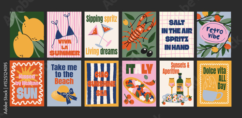 Abstract Italian posters in 90s style. Bright compositions: pizza, lemons, cocktails, seafood in cartoon trendy retro style. Decor for kitchens, cafes and restaurants. Minimalist banners for wall