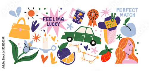 Retro hippie stickers 90s. Cartoon bright psychedelic elements, funky shapes, animals,fruits, vintage. Trendy doodle labels, patches, stamps