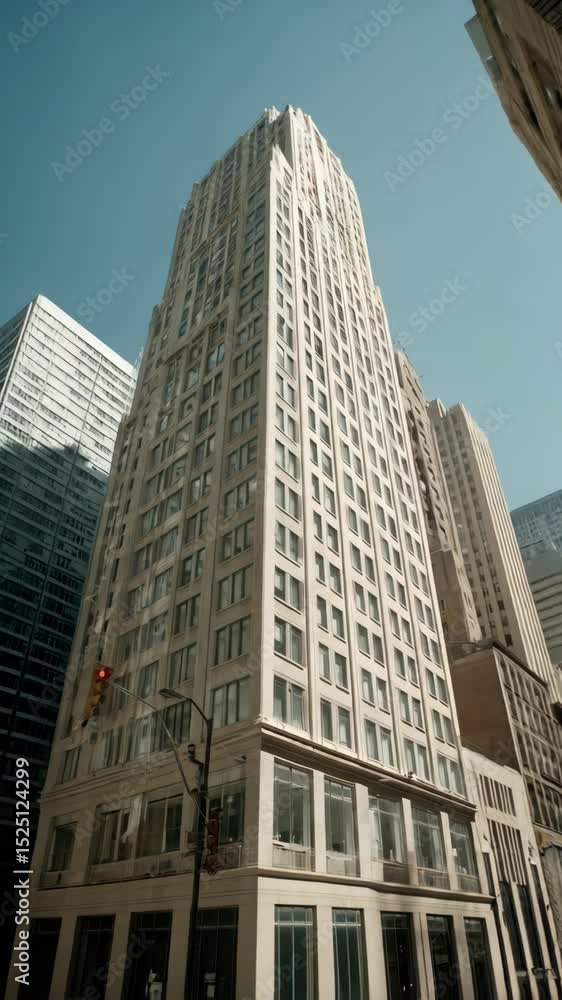 Looking up at tall beige building with windows against clear sky showing upward urban perspective Looking up at tall beige building with windows against clear sky showing upward urban perspective