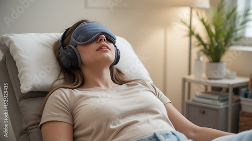 Patient relaxing in a comfortable chair, wearing headphones and an eye mask, during a ketamine therapy session
