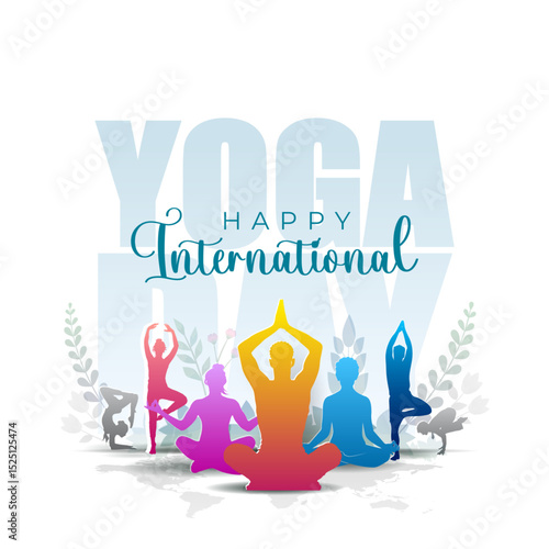 Happy yoga day background design. Silhouette of people exercise and yoga pose. International yoga day celebration banner concept.