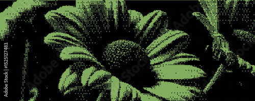 A detailed depiction of a green flower with textured petals and central bloom, showcasing artistic creativity. . Bitmap overlay bg with pixel effect .