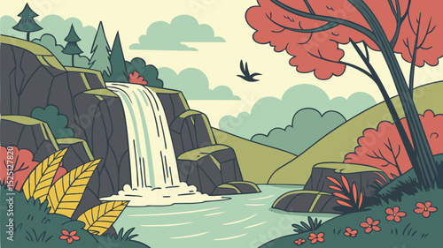 Minimalist Vector Illustration of Tranquil Waterfall Scenery Design