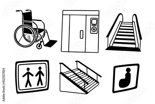 Accessibility symbols wheelchair elevator escalator ramp