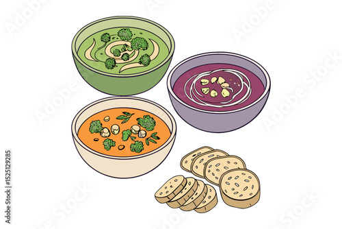 Delicious soup recipes colorful vector illustrations