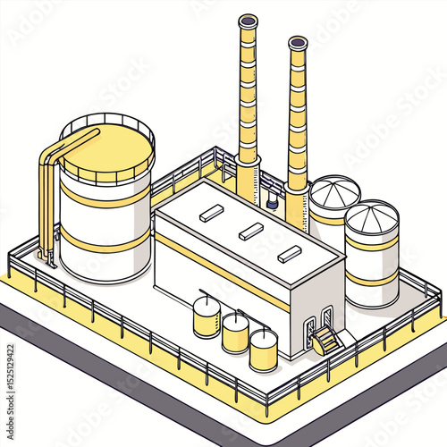 Night View of Oil Refinery with Bright Yellow Lights – Industrial Vector Scene, Adobe Illustrator Artwork
