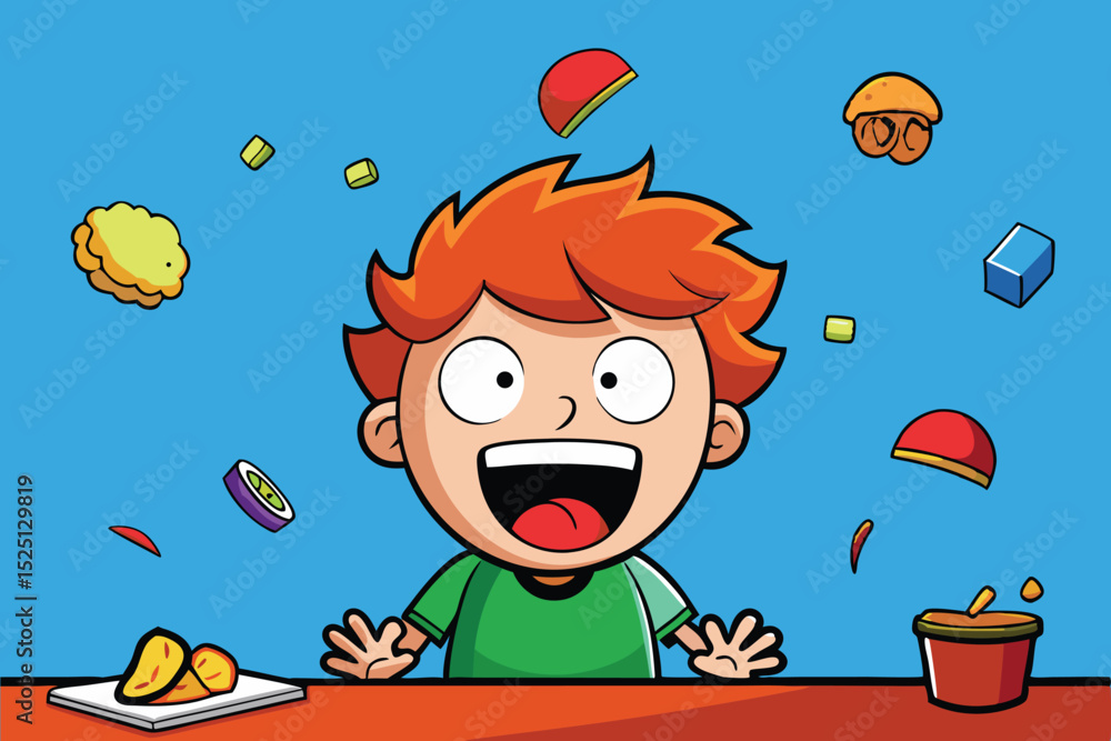 Naklejka premium Smiling cartoon boy character with a balloon, enjoying fun childhood summer