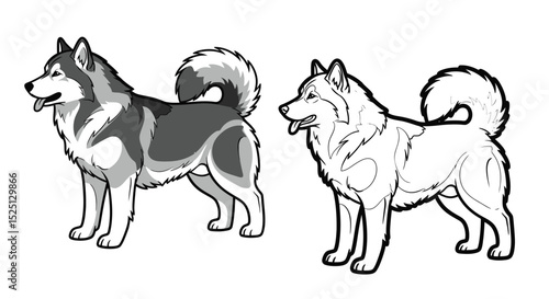 Alaskan Malamute Coloring Page with Full Color and Outline View for Kids and Adults