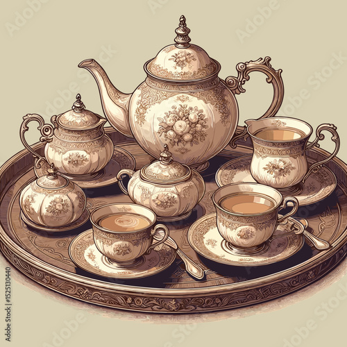 Elegant vintage tea set with floral patterns displayed on a tray, symbolizing tradition and refinement