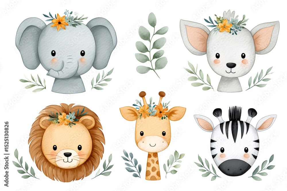 Obraz premium Cute safari animals wearing flower crown posing together
