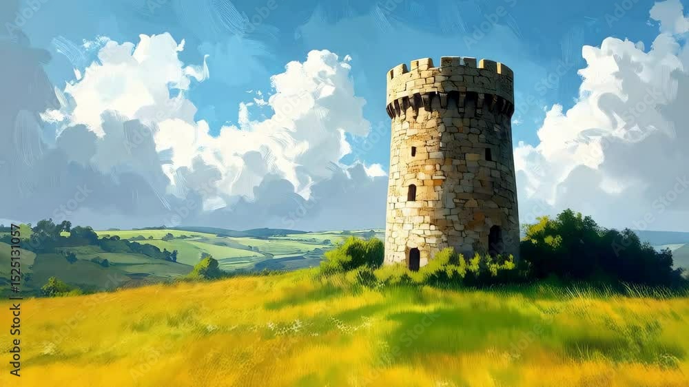 Serene Landscape with Ancient Tower Under Bright Blue Sky Serene Landscape with Ancient Tower Under Bright Blue Sky