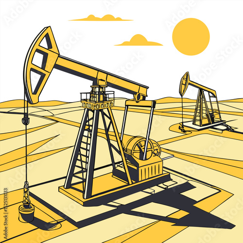 Drone Shot of Desert Oil Fields with Yellow Highlights – Vector Aerial View - Adobe Illustrator Artwork
