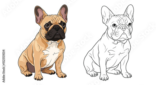 French Bulldog Coloring Page with Full Color and Outline Illustration for Fun