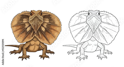Frilled Neck Lizard Coloring Page Featuring Detailed Full Color and Crisp Outline Art