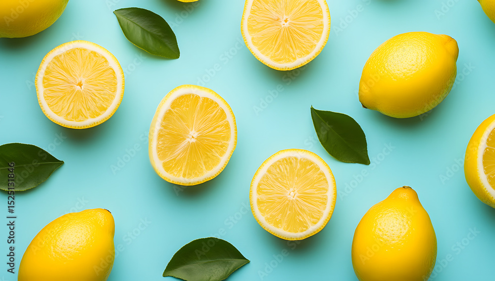 Fototapeta premium Fresh lemon pattern on a bright color background flat lay