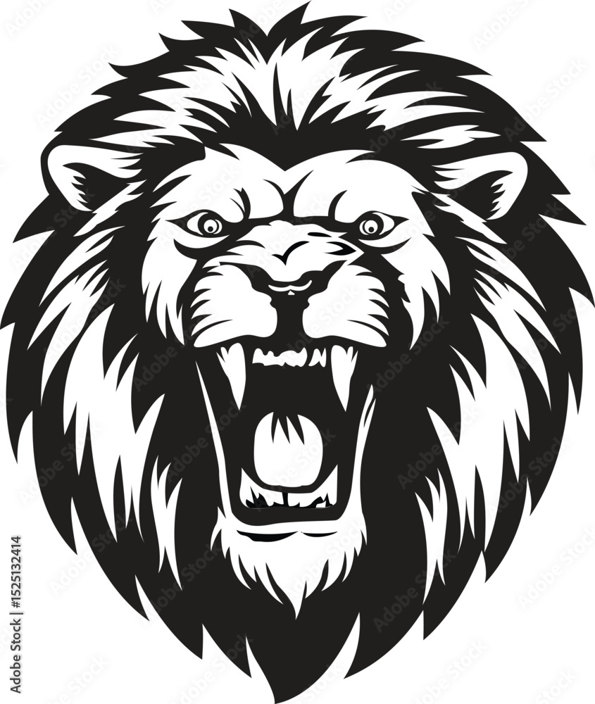 Obraz premium Roaring Lion Head Vector Illustration – Bold Black and White Animal Logo Design