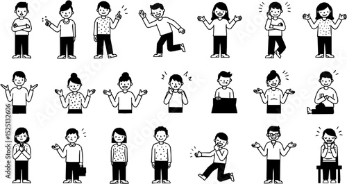 Characters with different gestures doodle line cartoon illustration set. Nonverbal communication signs linear vector people collection
