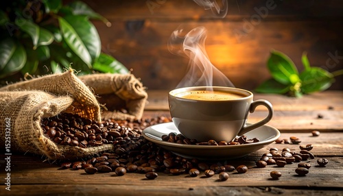 Steaming Coffee Cup with Beans, and Rustic.