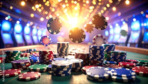 Casino Chips Falling with Gambling Scene.