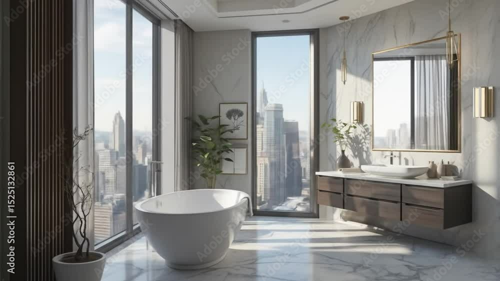 Modern luxurious bathroom interior with large window, freestanding tub, and elegant vanity in high-rise city building corner view. 3D Rendering. 4k video Modern luxurious bathroom interior with large window, freestanding tub, and elegant vanity in high-rise city building corner view. 3D Rendering. 4k video