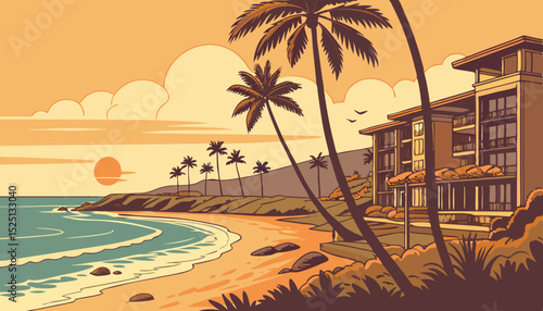 Tropical beach with palm trees and sea - summer resort at sunset                  