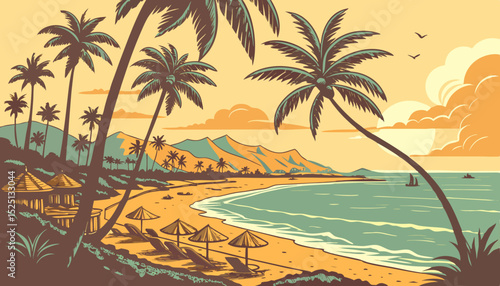 Tropical beach with palm trees and sea - summer resort at sunset                  