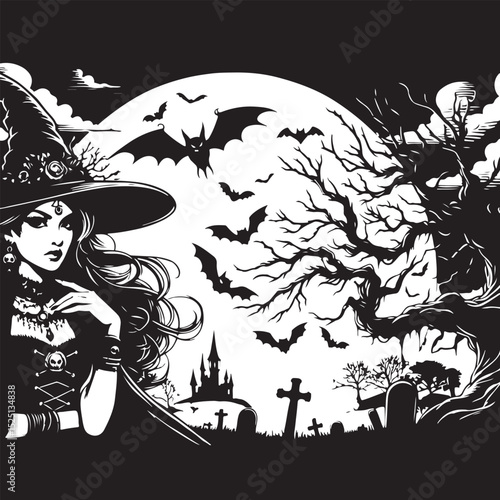 Halloween Night Scene Banner with Branches, Witch, and Bats

