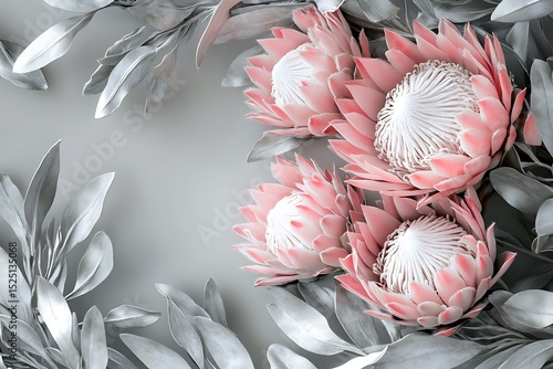 Three pink protea blooms amidst silver leaves