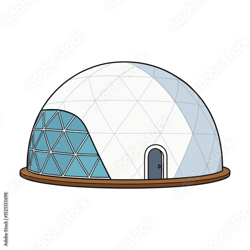 Vector Cartoon Geodesic Dome House with Glass Panel Section