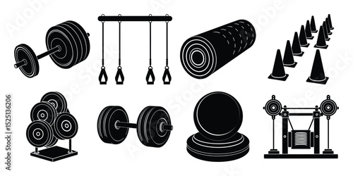 Fitness Equipment Icons Weights, Gym Accessories, and Training Tools