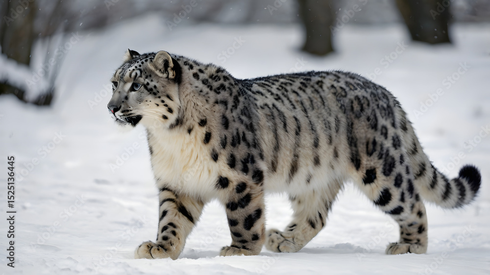 Obraz premium Wild snow leopard walking in snowy landscape, majestic feline with spotted coat, suitable for wildlife and nature themes.