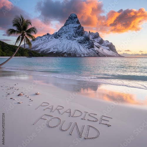A surreal beach with turquoise waters, text in the sand reads “Paradise Found,” and a snow-capped mountain under a pastel sky – AI Generated Digital Art