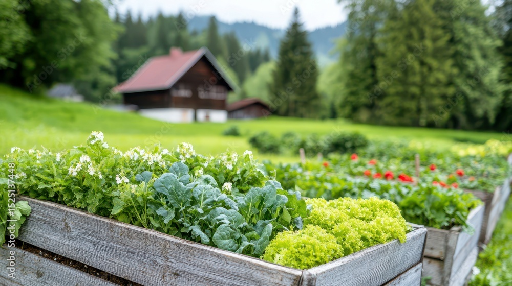 Vegetable Garden View: A vibrant vegetable garden bursts with life, framed by weathered wooden planters and a picturesque house with the background lush green lawn. Vegetable Garden View: A vibrant vegetable garden bursts with life, framed by weathered wooden planters and a picturesque house with the background lush green lawn.
