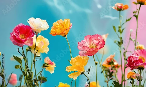 Wallpaper Mural Blooming Colorful Flowers on Turquoise and Pink Gradient Background in Soft Light Torontodigital.ca
