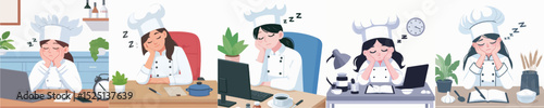 vector female chef sleeping at work desk