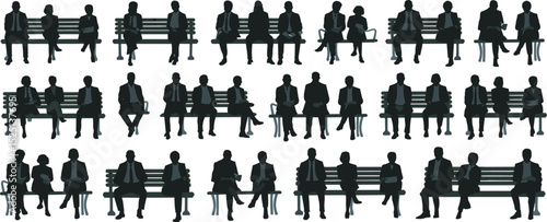 Business professionals seated on benches reading and conversing, corporate people silhouettes vector set, isolated modern design for presentations marketing infographic