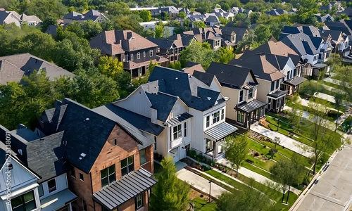 Aerial View Of Suburban Houses with Green Trees Modern Exteriors and Diverse Architectural Styles under Bright Sunlight