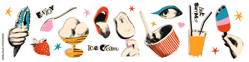 Fototapeta premium Ice cream halftone art collage cut outs set. Paper clipping shapes, summer dessert stickers with vintage dot texture and doodles. Modern retro grunge vector illustration for mixed media design