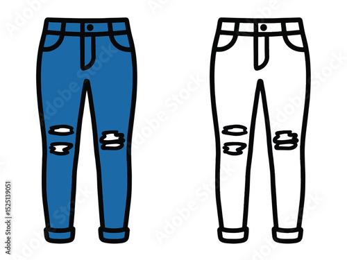 Coloring Page For Kids A pair of ripped jeans. Clothing Outline and Vector Illustration